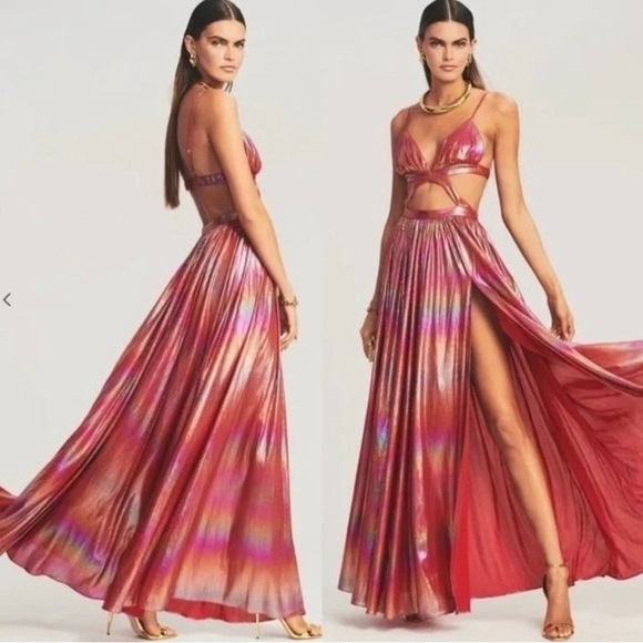 Retrofete NEW Jett Dress Rainbow Orange Ombre Red Metallic Cut Out Maxi M $675.0 - Picture 3 of 16